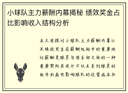 小球队主力薪酬内幕揭秘 绩效奖金占比影响收入结构分析