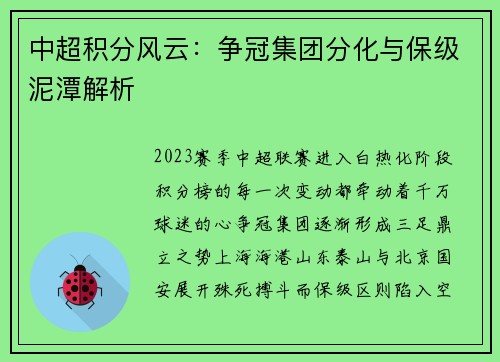 中超积分风云：争冠集团分化与保级泥潭解析