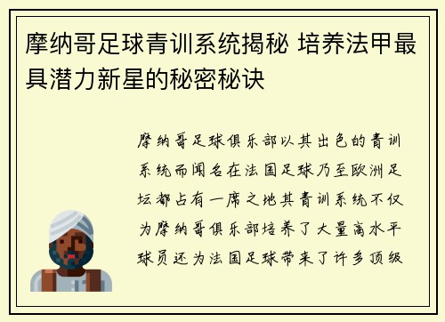 摩纳哥足球青训系统揭秘 培养法甲最具潜力新星的秘密秘诀